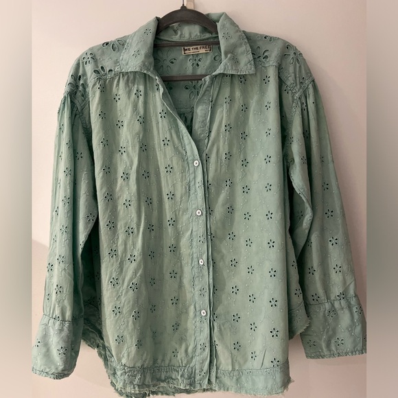 We The Free Light Green Eyelet Button Down Shirt Size XS-S/TP - Picture 4 of 12